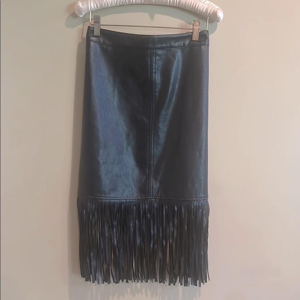 Black Midi Pencil Skirt with Fringe Detail